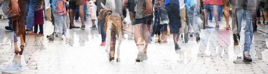 City walk, double exposure of a large crowd of people and a dog, abstract panorama bannerfor...