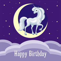 Happy birthday greeting card with the image of a beautiful fantastic unicorn. Colorful vector background.