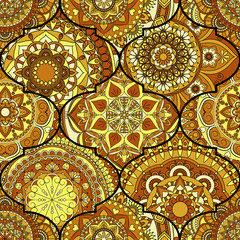 Colorful tiles boho seamless pattern. Mandala background. Abstract flower ornament. Floral wallpaper, furniture, textile print, hippie fabric. Romantic decoration from weave design elements.