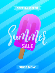 Summer sale card, advertisement, banner, poster etc. Background with lettering, trendy stripes and ice cream