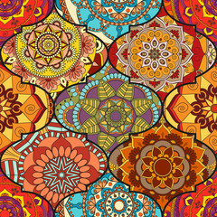 Colorful tiles boho seamless pattern. Mandala background. Abstract flower ornament. Floral wallpaper, furniture, textile print, hippie fabric. Romantic decoration from weave design elements.