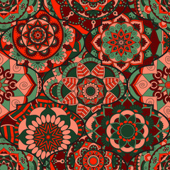 Colorful tiles boho seamless pattern. Mandala background. Abstract flower ornament. Floral wallpaper, furniture, textile print, hippie fabric. Romantic decoration from weave design elements.