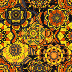 Colorful tiles boho seamless pattern. Mandala background. Abstract flower ornament. Floral wallpaper, furniture, textile print, hippie fabric. Romantic decoration from weave design elements.