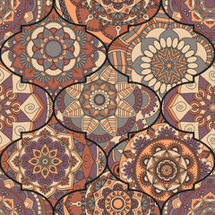 Colorful tiles boho seamless pattern. Mandala background. Abstract flower ornament. Floral wallpaper, furniture, textile print, hippie fabric. Romantic decoration from weave design elements.