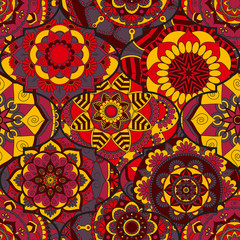 Colorful tiles boho seamless pattern. Mandala background. Abstract flower ornament. Floral wallpaper, furniture, textile print, hippie fabric. Romantic decoration from weave design elements.