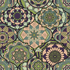 Colorful tiles boho seamless pattern. Mandala background. Abstract flower ornament. Floral wallpaper, furniture, textile print, hippie fabric. Romantic decoration from weave design elements.