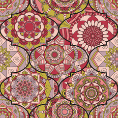 Colorful tiles boho seamless pattern. Mandala background. Abstract flower ornament. Floral wallpaper, furniture, textile print, hippie fabric. Romantic decoration from weave design elements.
