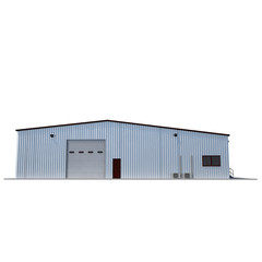 Facade of storage warehouse with closed gate isolated on white. 3D illustration