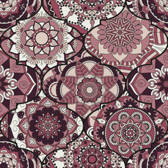Colorful tiles boho seamless pattern. Mandala background. Abstract flower ornament. Floral wallpaper, furniture, textile print, hippie fabric. Romantic decoration from weave design elements.