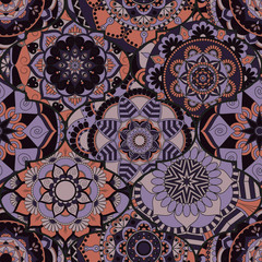 Colorful tiles boho seamless pattern. Mandala background. Abstract flower ornament. Floral wallpaper, furniture, textile print, hippie fabric. Romantic decoration from weave design elements.