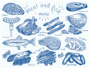Meat, fish, menu, steak, trout, salami, ribs, grilled ribs, grilled chicken, sausage, chicken, beef, bacon, ham, salmon, salmon steak, herbs - 152594169