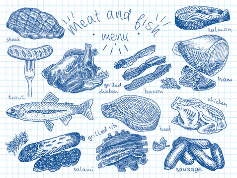 Meat, fish, menu, steak, trout, salami, ribs, grilled ribs, grilled chicken, sausage, chicken, beef, bacon, ham, salmon, salmon steak, herbs