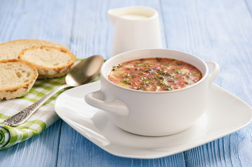Homemade cold beetroot soup with egg.