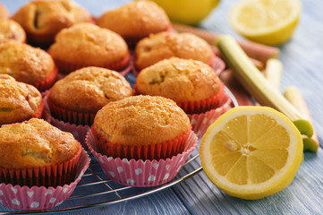Homemade muffins with lemon and rhubarb.