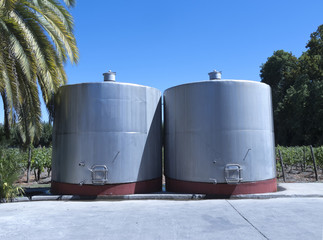 Obraz premium Some wine metallic fermentation tanks. Wine industry in Maule valley, Chile