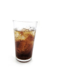 Cola in glass with ice on white background