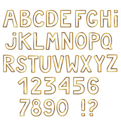 Beautiful golden font isolated on white background. Full alphabet. Letters and numbers. Vector illustration.