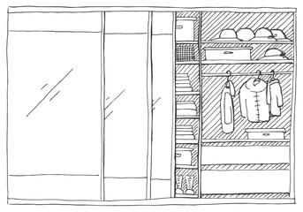 Open wardrobe with clothes on shelves and hangers. Vector illustration of a sketch style.