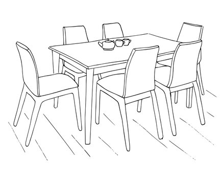 Table and chairs. On the table are two cups. Hand drawn sketch.Vector illustration.