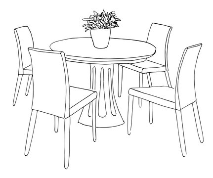 Part of the dining room. Round table and chairs.On the table vase of flowers. Hand drawn sketch. Vector illustration.