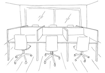 Open Space office. Workplaces outdoors. Tables, chairs and windows. Vector illustration in a sketch style.