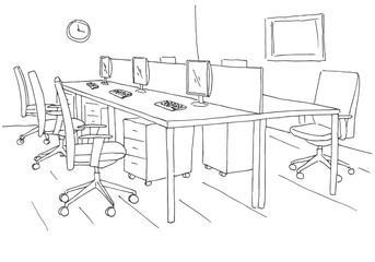 Open Space office. Workplaces outdoors. Tables, chairs and windows. Vector illustration in a sketch style.
