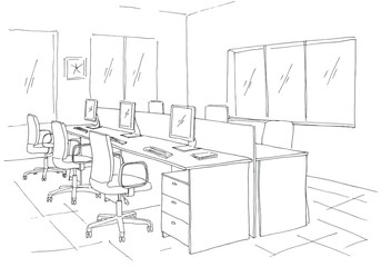 Open Space office. Workplaces outdoors. Tables, chairs and windows. Vector illustration in a sketch style.
