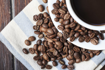 coffee cup and beans on the wood.