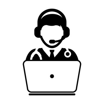 Online Doctor Icon Flat Vector, Physician Avatar Symbol With Laptop and Wearing Headset for Consultation on Advice and Support Service for Patient in Glyph Pictogram Symbol illustration