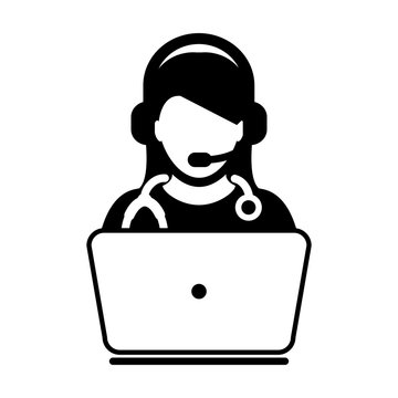 Online Doctor Icon - Flat Vector, Woman Physician Avatar Symbol With Laptop and Wearing Headset for Consultation for Advice and Support Service for Patient in Glyph Pictogram illustration