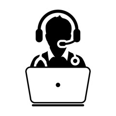 Online Doctor Icon - Flat Vector, Physician Avatar Symbol With Laptop and Wearing Headset for Consultation on Advice and Support Service for Patient in Glyph Pictogram Symbol illustration