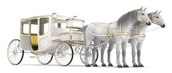 A white horse drawn carriage with open door. 3d image isolated on white. © Wire_man