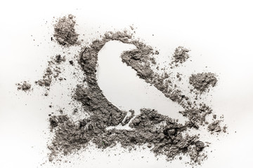 Crow or raven silhouette drawing made in ash, dirt, dust as a death, halloween, danger, myth, bird...