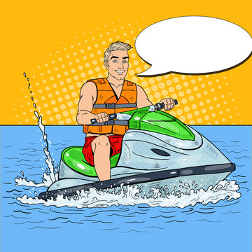 Young Man Driving Jet Ski. Extreme Water Sports. Pop Art vector illustration