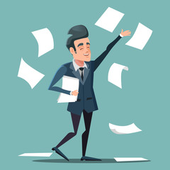 Happy Businessman Throwing Papers at the Office. Vector cartoon illustration