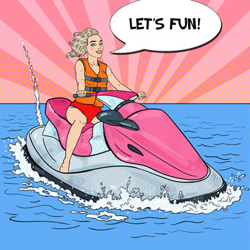 Young Blonde Woman Having Fun on Jet Ski. Water Sports. Pop Art vector illustration