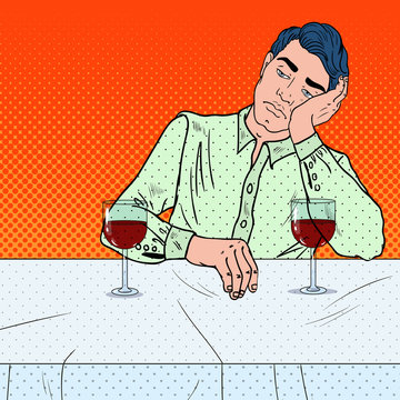 Alone Sad Man Drinking Wine in Restaurant. Pop Art vector illustration