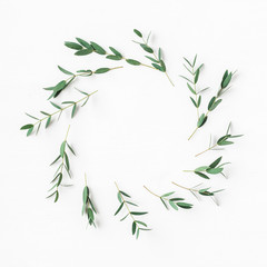 Eucalyptus on white background. Wreath made of eucalyptus branches. Flat lay, top view