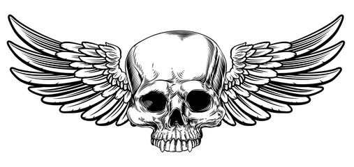 Winged Skull Vintage Etched Woodcut Style