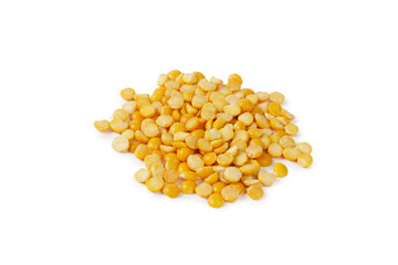 Dry yellow split peas isolated on white.