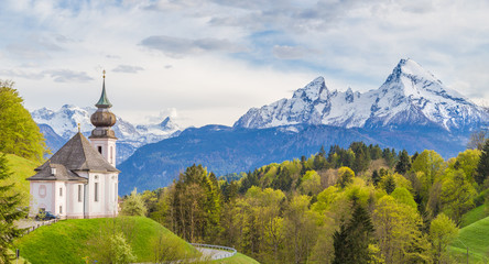 Fototapeta na wymiar Church of Maria Gern with Watzmann mountain in springtime, Berchtesgadener Land, Bavaria, Germany