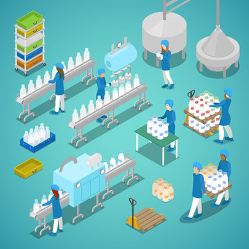 Milk Factory. Automated Production Line in Dairy Plant with Workers. Isometric vector flat 3d illustration