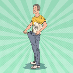 Happy Man in Oversized Jeans. Dieting Concept. Pop Art vector illustration