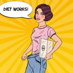 Young Woman with Weights and Big Jeans Happy of Dieting Results. Healthy Lifestyle. Pop Art vector illustration