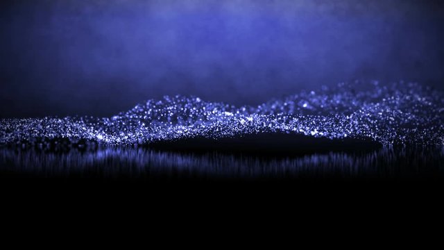 Animated blue particles with reflection and blurred background vignetting. UHD 4K seamless loop video.