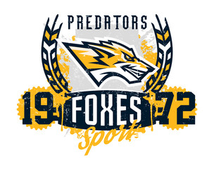 Design for printing on a T-shirt, evil fox ready to attack. Predator, forest dwellers, mascot, sports Identity, lettering, text. Vector illustration, grunge effect