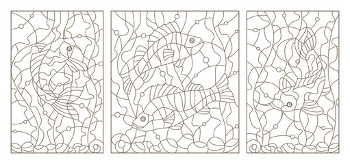 Set contour illustrations of stained glass with aquarium fish,carp and perch
