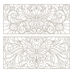 Set contour illustrations of stained glass with abstract swirls ,flowers and butterflies , horizontal orientation