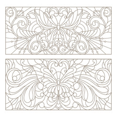 Set contour illustrations of stained glass with abstract swirls ,flowers and butterflies , horizontal orientation