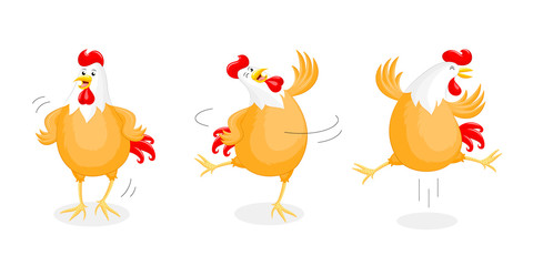 Set of happy chicken dancing. Rooster year character design, vector illustration isolated on white background.